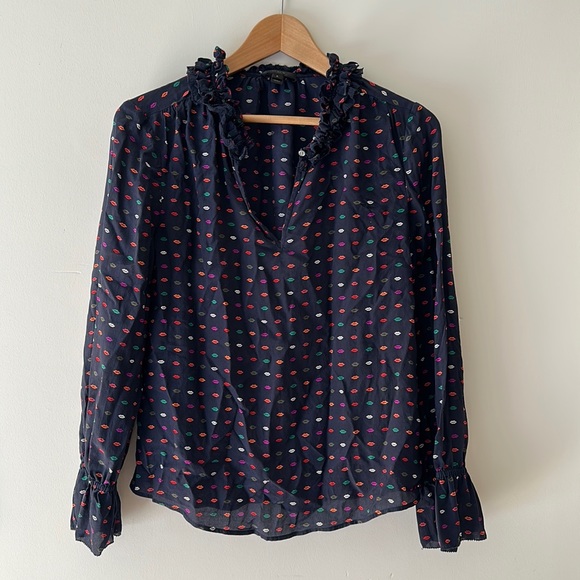 J.crew blouse, dark blue with ruffled neck and sleeves. - Picture 2 of 6